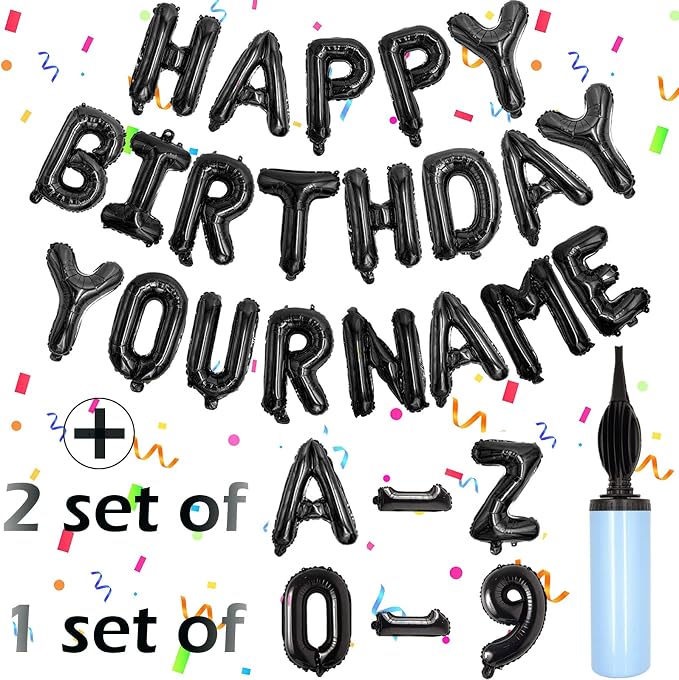 Black Happy Birthday Balloon Banner Set -16" Foil Letters Balloons | 76pcs by Awfrky-AllforYou