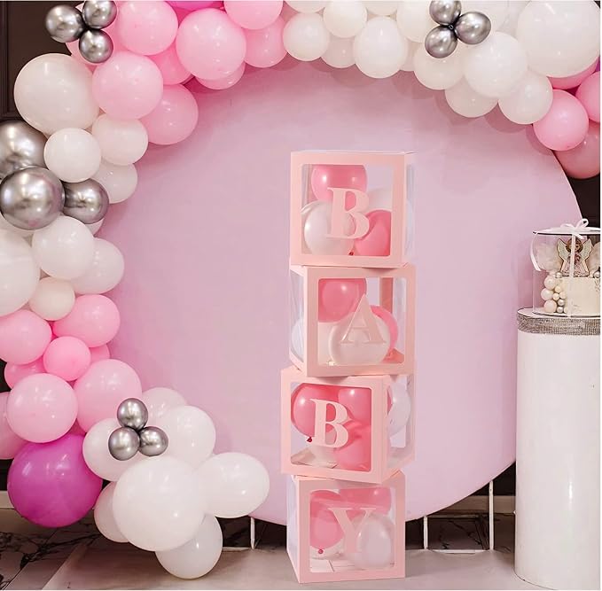 Baby Shower Boxes Party Decorations – 4 pcs Pink Transparent Balloon Boxes – - Image 2