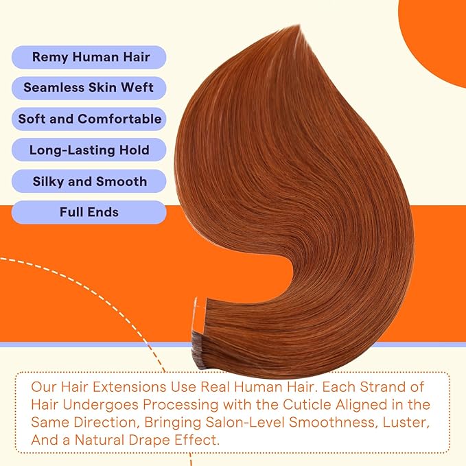 Full Shine Tape in Hair Extensions 14 Inch Color 550 Copper Invisible Natural Double Sided Tape in Extensions Human Hair 50Grams Natural Straight Seamless Remy Extensions for Women 20PCS Add Volume