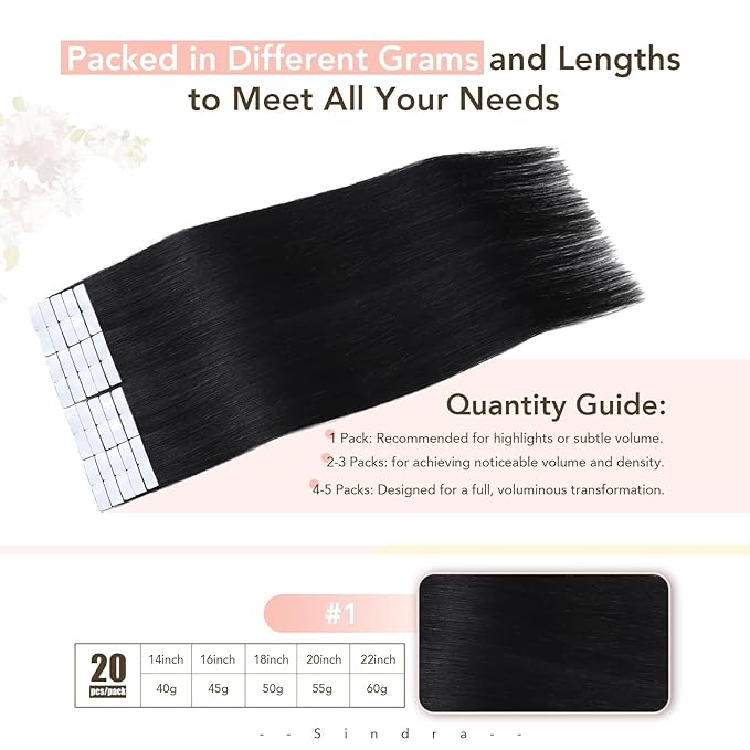 Sindra Invisi Edge Tape in Human Hair Extensions, Jet Black Invisible Seamless Hair Tape in Extensions 18 Inch 20pcs 50g/pack