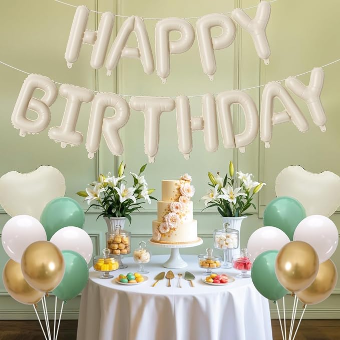 Happy Birthday Balloon Banner Cream Green, 16 Inch Beige Mylar Letters Heart - Image 5