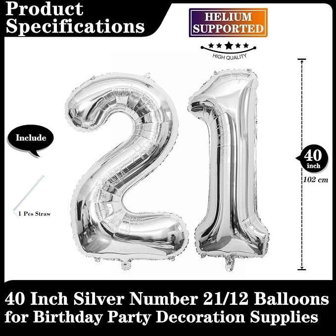 Silver 21 Number Balloons, 40 Inch Giant Number 21 Balloons Foil Mylar Helium - Image 2