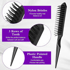Sibba 4PCS 3 Row Teasing Brush Rat Tail Detangling Hairbrush Hair Styling Teasing Comb Boar Bristle Hair Brush Comb Slick Back Brushes for Natural Curly Sectioning Curls Unbraider Volume Parting Combs