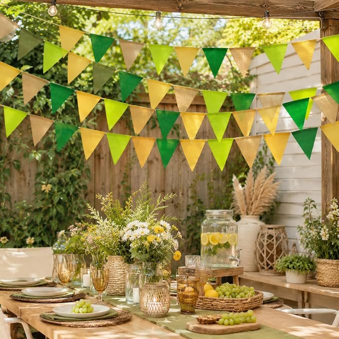 G2PLUS Pre-Strung Burlap Pennant Banner, 65Ft Sage Green and Yellow Triangle - Image 5