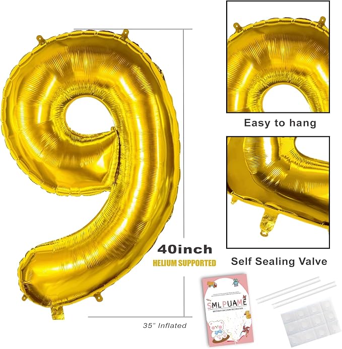 40 inch Number Balloon 0-9 Gold Large Number 9 Balloons, Digital Balloons - Image 3
