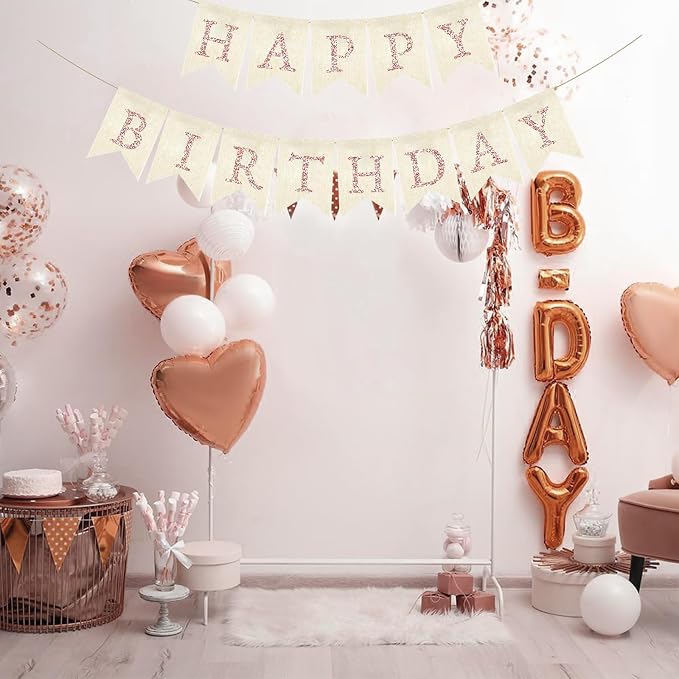 Rose Gold Happy Birthday Banner Pre-strung Burlap Bunting Party Backdrop Sign - Image 4