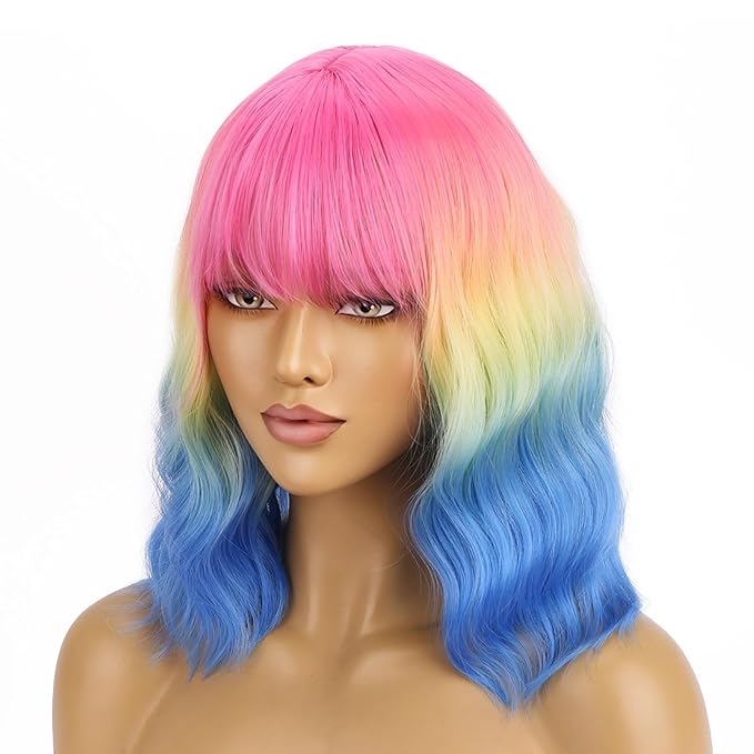 BERON 14 Inches Rainbow Wig Short Colorful Bob Wigs with Bangs Halloween Colored Wig for Women Loose Wavy Wigs for Women