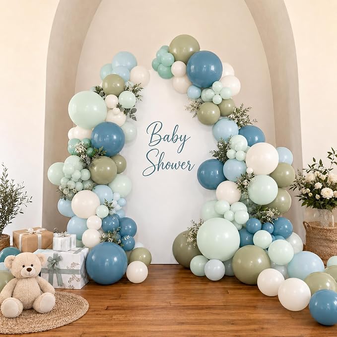 Boho Blue Green balloons, 12 Inch Sage Green Dusty Blue and Sand White Latex - Image 3