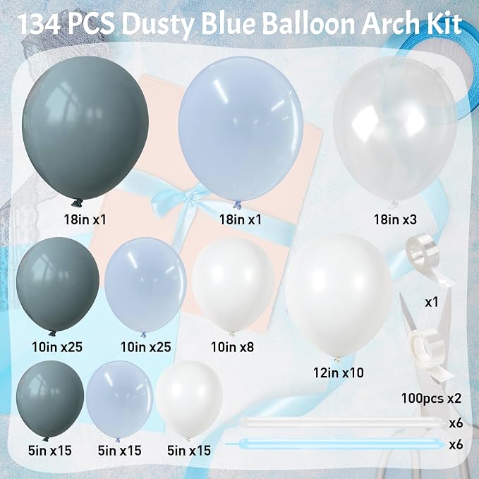 Dusty Blue Balloons Arch Kit, Long Balloon as Bow Decor - Image 2