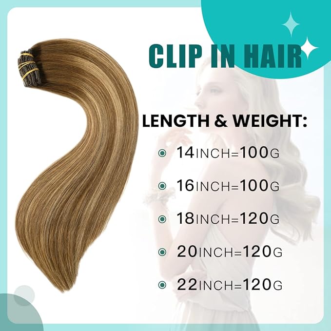 SURNEL Clip in Hair Extensions Real Human Hair Balayage Chocolate Brown to Caramel Blonde Clip in Hair Extensions Clip ins 16 inch 6pcs 100g(#4/27/4,16")