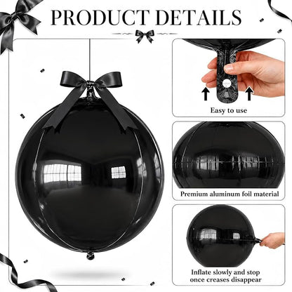 Black Round Foil Balloons with Satin Bows Ribbon - Image 3