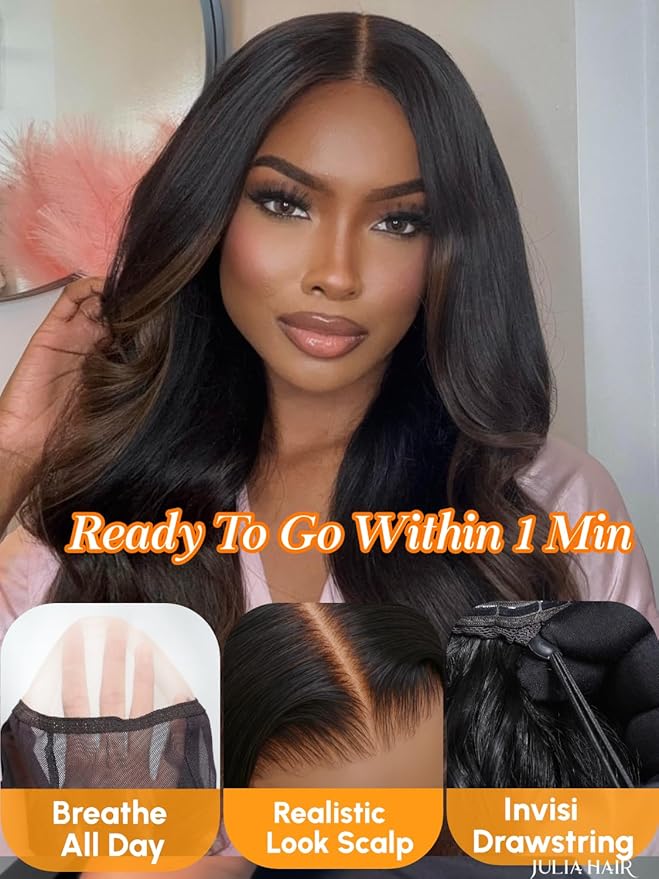 Julia Hair Chestnut Brown Ombre Yaki Straight 7x5 Pre Cut HD Lace Put On and Go Wig Bye Bye Knots Glueless Human Hair Wigs with Invisi Drawstring Pre Plucked Bleached Knots Beginner Friendly 18 Inch