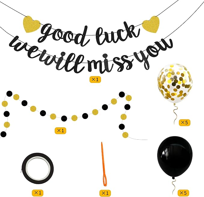 Good Luck We Will Miss You Banner Glitter Black Gold Banner Balloon Garland - Image 9