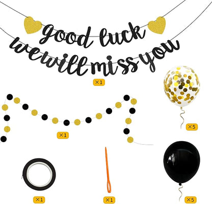 Good Luck We Will Miss You Banner Glitter Black Gold Banner Balloon Garland - Image 9