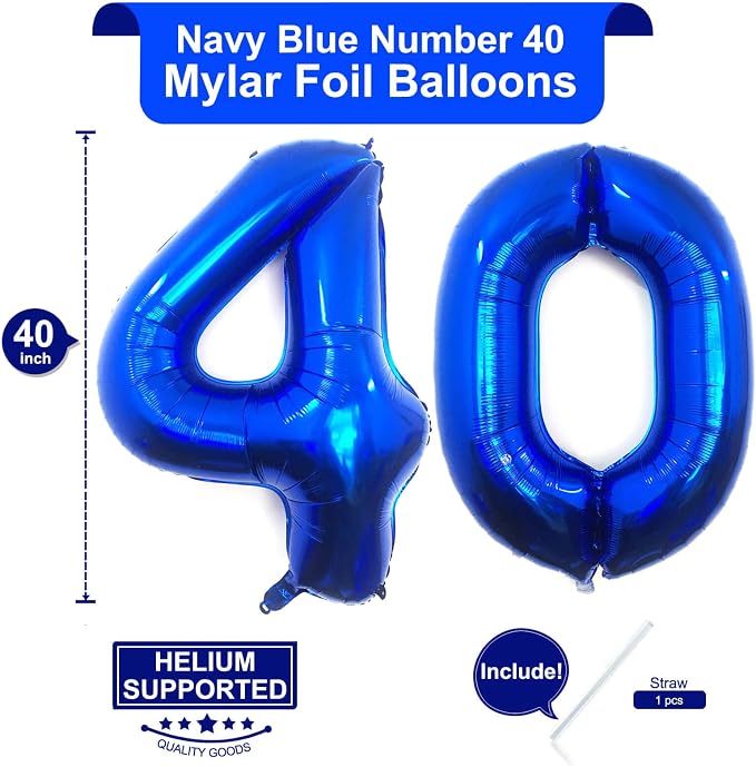 40 Inch Navy Blue 40 Number Balloons Giant Jumbo Huge 40 Foil Mylar Helium - Image 2