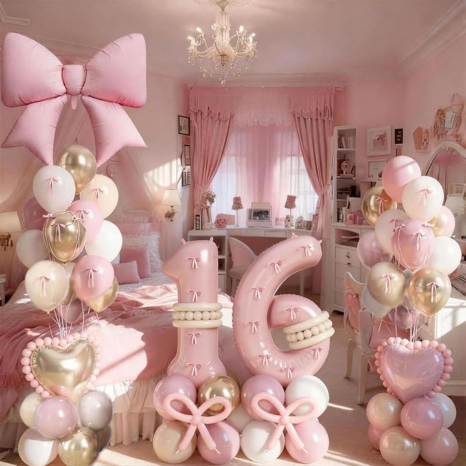 40 Inch Number 6 Balloon Pink, Dusty Blush Pink Gold White Sand Apricot Latex - Image 5