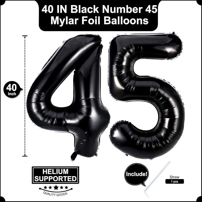 40 Inch Black 45 Balloons Giant Number 45 Balloons Black 45 Birthday Balloons - Image 2