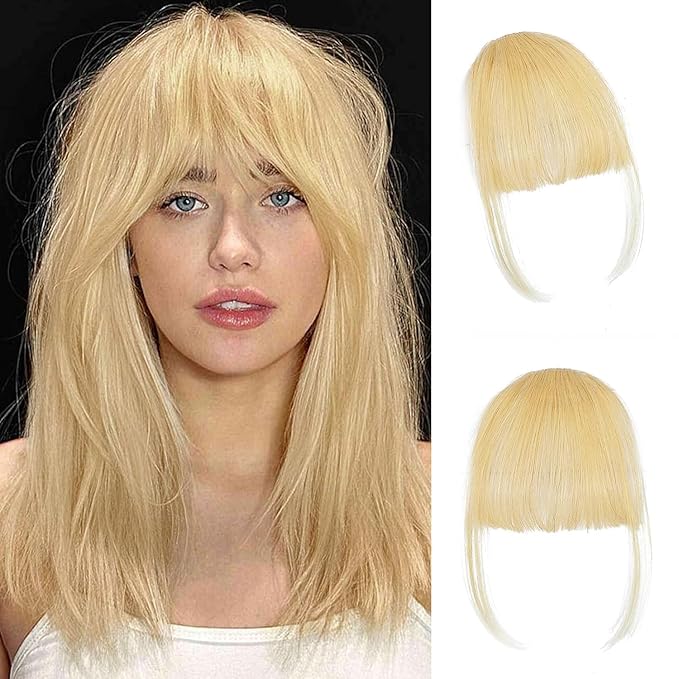 NAYOO Bangs Hair Clip - Light Blonde Fake Bangs 100% Real Human Hair Extensions Wispy Bangs for Women Fringe with Temples Hairpieces Curved Bangs for Daily Wear