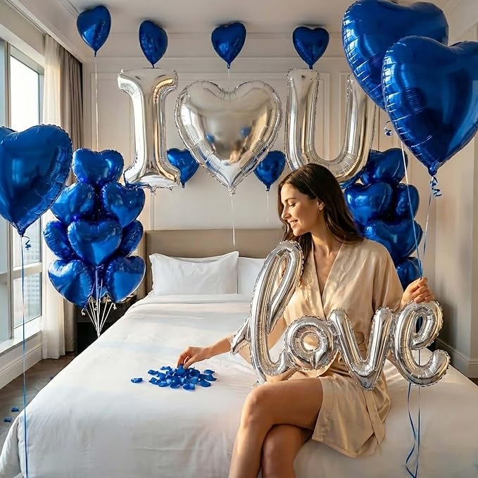 I Love You Romantic Balloon Kit Royal Blue & Silver Heart Mylar Balloons - Image 7