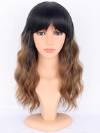Ombre Brown Wavy Wigs with Bangs for Women - Medium Length Black To Brown Synthetic Wigs for Daily Party Use