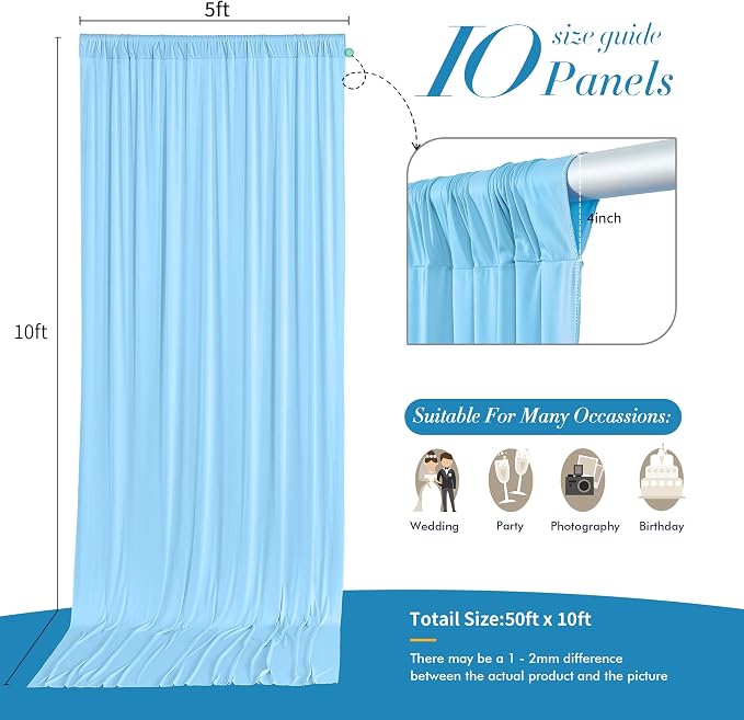 50 ft x 10 ft Wrinkle Free Blue Backdrop Curtain Panels, Polyester Photography - Image 4