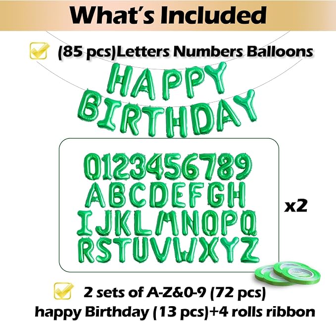 16" Green Letter Number Balloons, Happy Birthday & 2 Sets of A-Z 0-9, Foil - Image 3