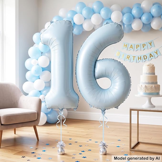 40" Light Blue Foil Number 16 Balloon - Image 3