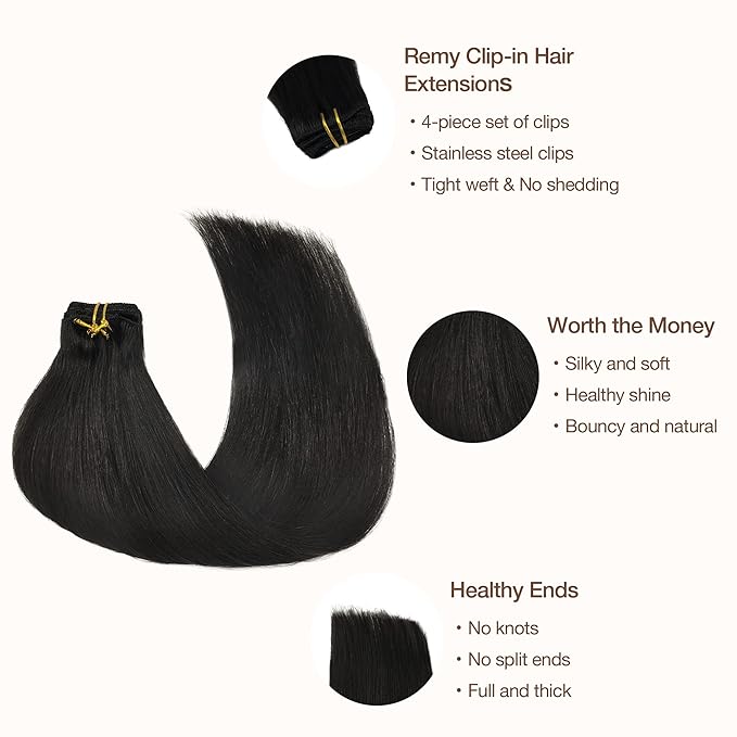 GOO GOO Clip in Hair Extensions Real Human Hair, Remy Human Hair Extensions Clip ins for Women, Natural Human Hair, 16inch 65g 4Pcs, 1B Natural black