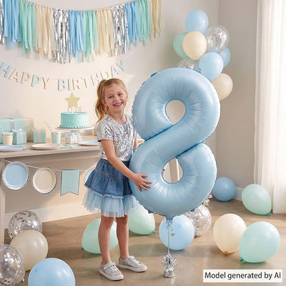 Baby Blue Number 8 Balloon 40 Inch, Sky Pastel Foil Numeral Party Supplies | - Image 2