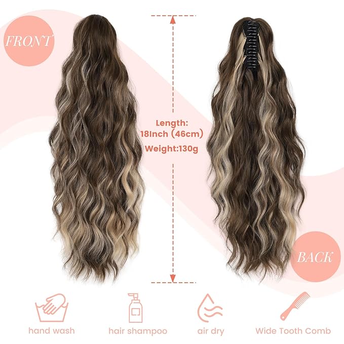 Claw Clip Ponytail Extension 18 Inch Curly Wavy Ponytail Extension Jaw Clip on Pony Tails Hairpiece for Women Fluffy Natural Synthetic for Daily Use (Chocolate Brown with Blonde Highlights)