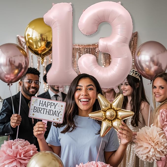 13th Birthday Balloons for Girls, Blush Pastel Pink Large Helium 13 Balloon - Image 3