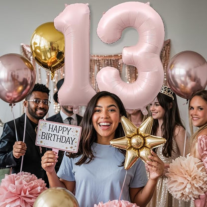 13th Birthday Balloons for Girls, Blush Pastel Pink Large Helium 13 Balloon - Image 3