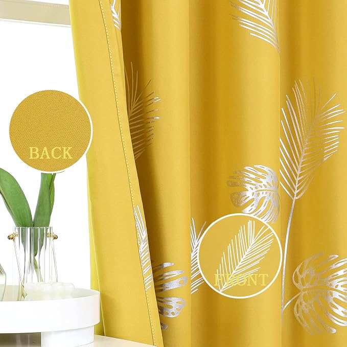 Yellow Blackout Curtains for Living Room, Room Darkening Silver Palm Tree - Image 3