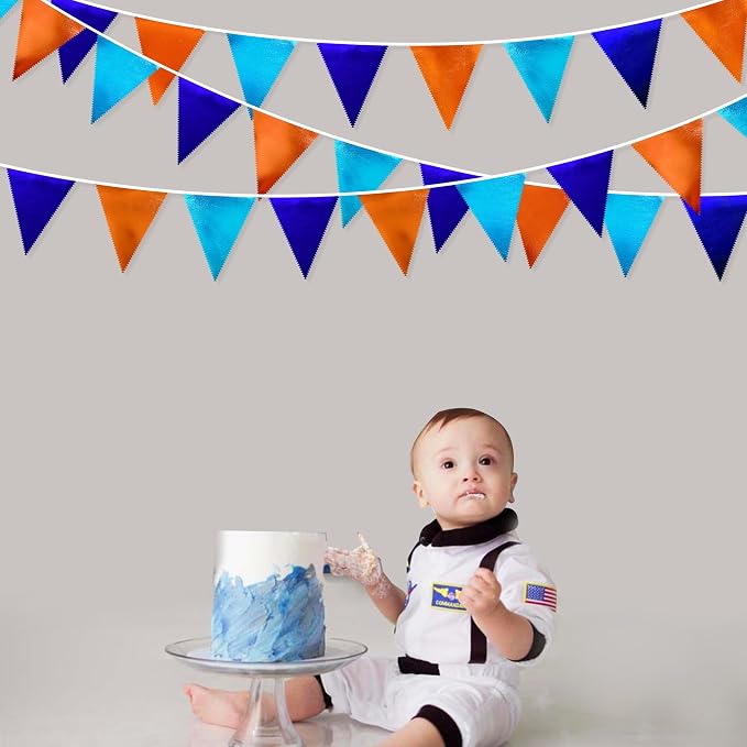 Orange Blue Party Decorations Metallic Fabric Triangle Pennant Flag Bunting - Image 8