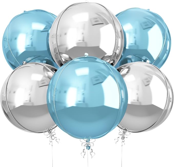 6Pcs Blue Silver Round Foil Balloons, 22inch 4D Metallic Silver Blue Balloons by vibzox