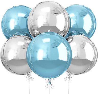 6Pcs Blue Silver Round Foil Balloons, 22inch 4D Metallic Silver Blue Balloons by vibzox