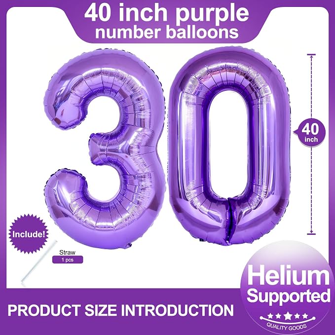 Number 30 Purple Balloons 40 Inch Giant Purple Foil 30 Helium Balloons - Image 2