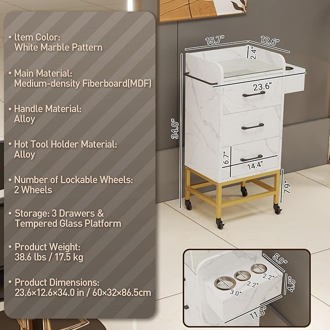 Salon Storage Trolley Cart, Rolling Barber Station w/Toughened Glass Top, Drawers, Hair Dryer Holders, Towel Rack, Locable Wheels for Hair Stylist, Salon Storage Equipment, White Marble