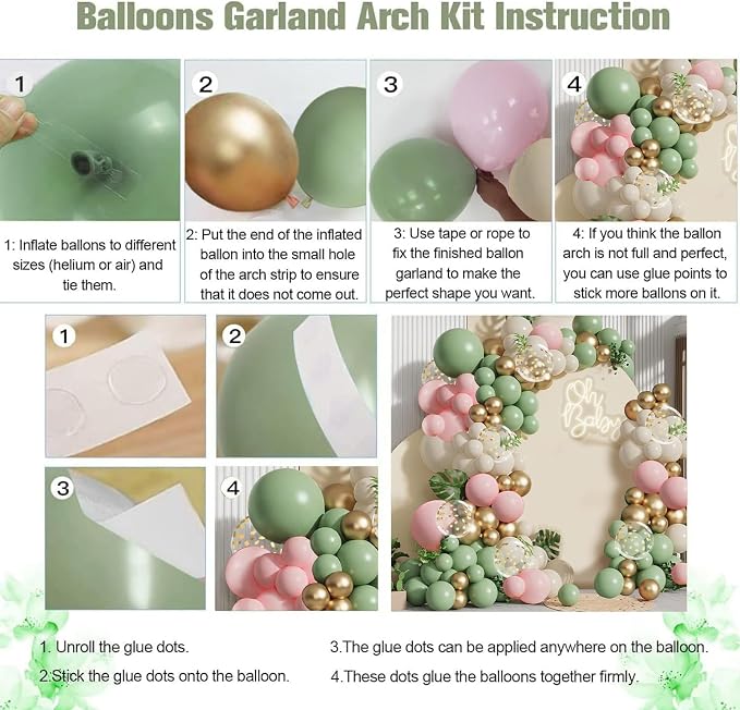 Sage Green Pink Gold Confetti Balloons Arch Kit, Party Decor | Olive green - Image 3