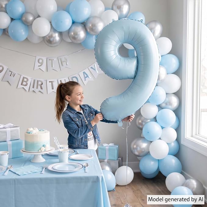 Pastel Blue Number 9 Balloon 40 Inch, Foil Sky Numeral Party Supplies | - Image 2