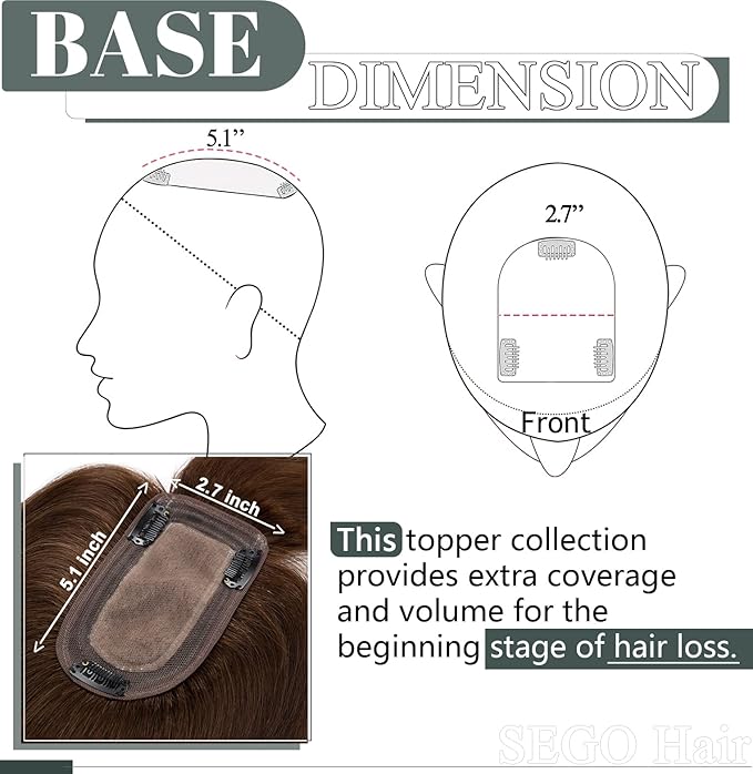SEGO Hair Toppers for Women Real Human Hair with Thinning Hair, Toppers Hair Pieces Clip in Toppers Straight Hair Pieces with Front Bangs 150% Density Silk Base -12 Inch #4 Medium Brown