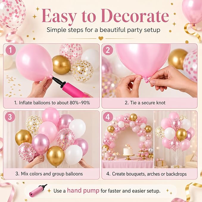Pink and Gold Balloons, 12 Inch Pink White Metallic Chrome Gold Confetti Pink - Image 6