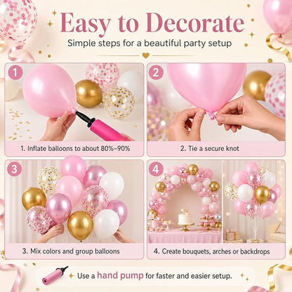 Pink and Gold Balloons, 12 Inch Pink White Metallic Chrome Gold Confetti Pink - Image 6