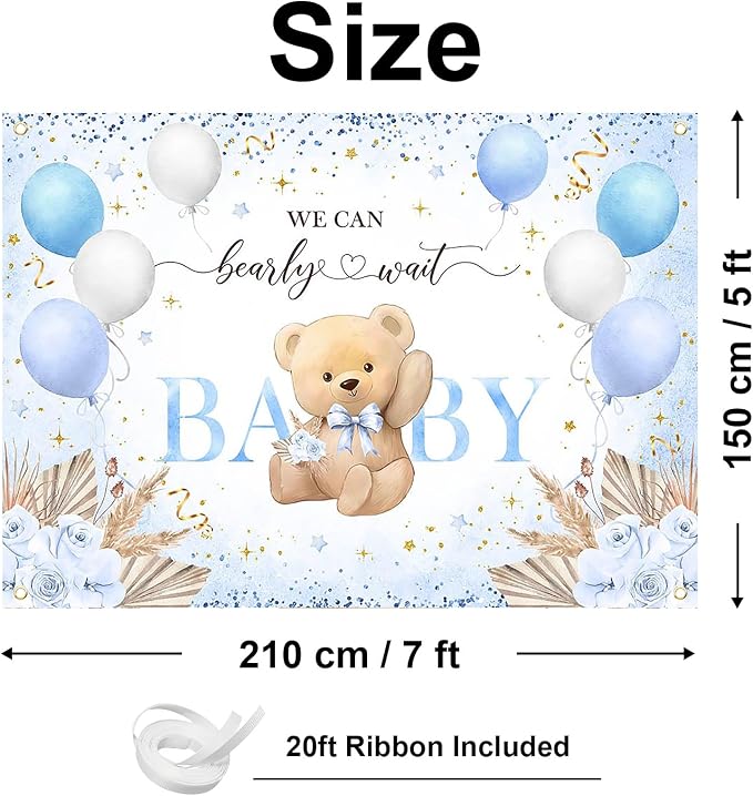 Blue Bear Baby Shower Backdrop 7x5 ft We Can Bearly Wait Banner - Image 2