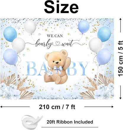 Blue Bear Baby Shower Backdrop 7x5 ft We Can Bearly Wait Banner - Image 2