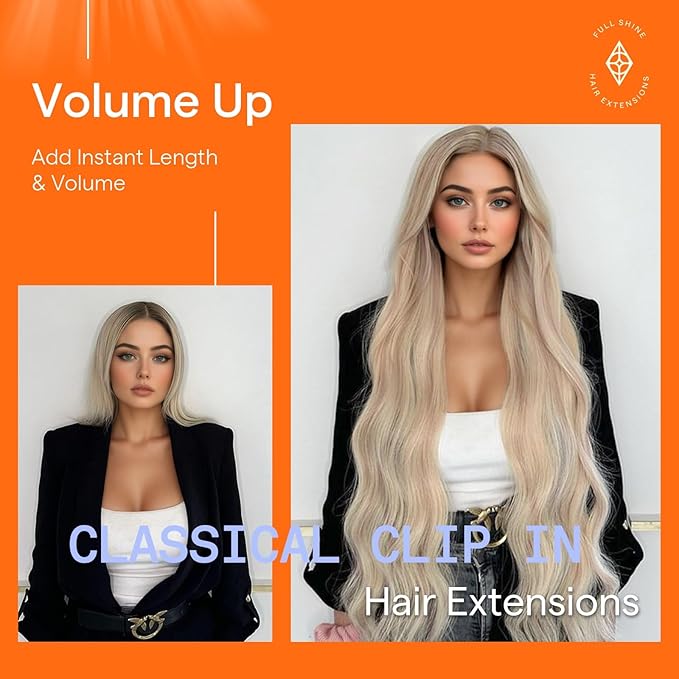 Full Shine Ash Blonde Clip in Hair Extensions Human Hair 22 Inch Ash Blonde Extensions Seamless Clip in Hair Extensions Human Hair for Women 7 Pcs 120 G