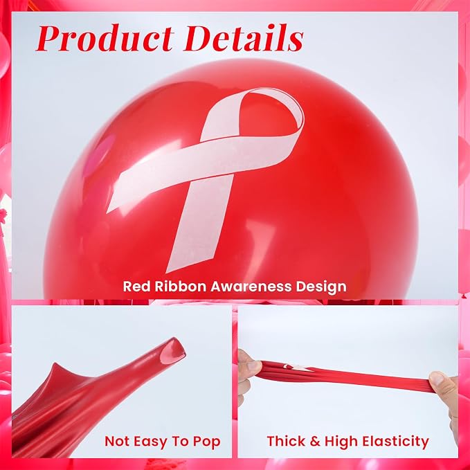 100 Pcs Red Ribbon Awareness Balloons 12 Inch Latex Red White Printed Balloon - Image 3