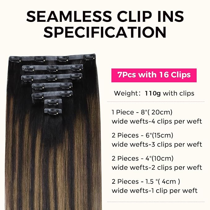 Lashey Seamless Clip in Hair Extensions Natural Black Mixed Chestnut Brown Real Human Hair 7pcs 110g 22 Inch Light Yaki Clip in Real Hair Extensions with Invisi Edge Soft Hair for Black Women