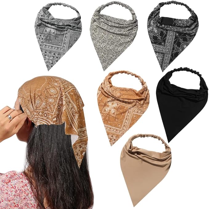 6 Pack Hair Scarf Headband for Women Elastic Bandana Head Scarf Large Boho Triangle Kerchief with Clips Non Slip Scarves