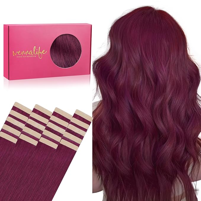 WENNALIFE Tape in Hair Extensions Human Hair, 20pcs 50g 14 inch Light Burgundy Remy Hair Extensions Straight Human Hair Tape in Extensions Skin Weft Tape Extensions Human Hair